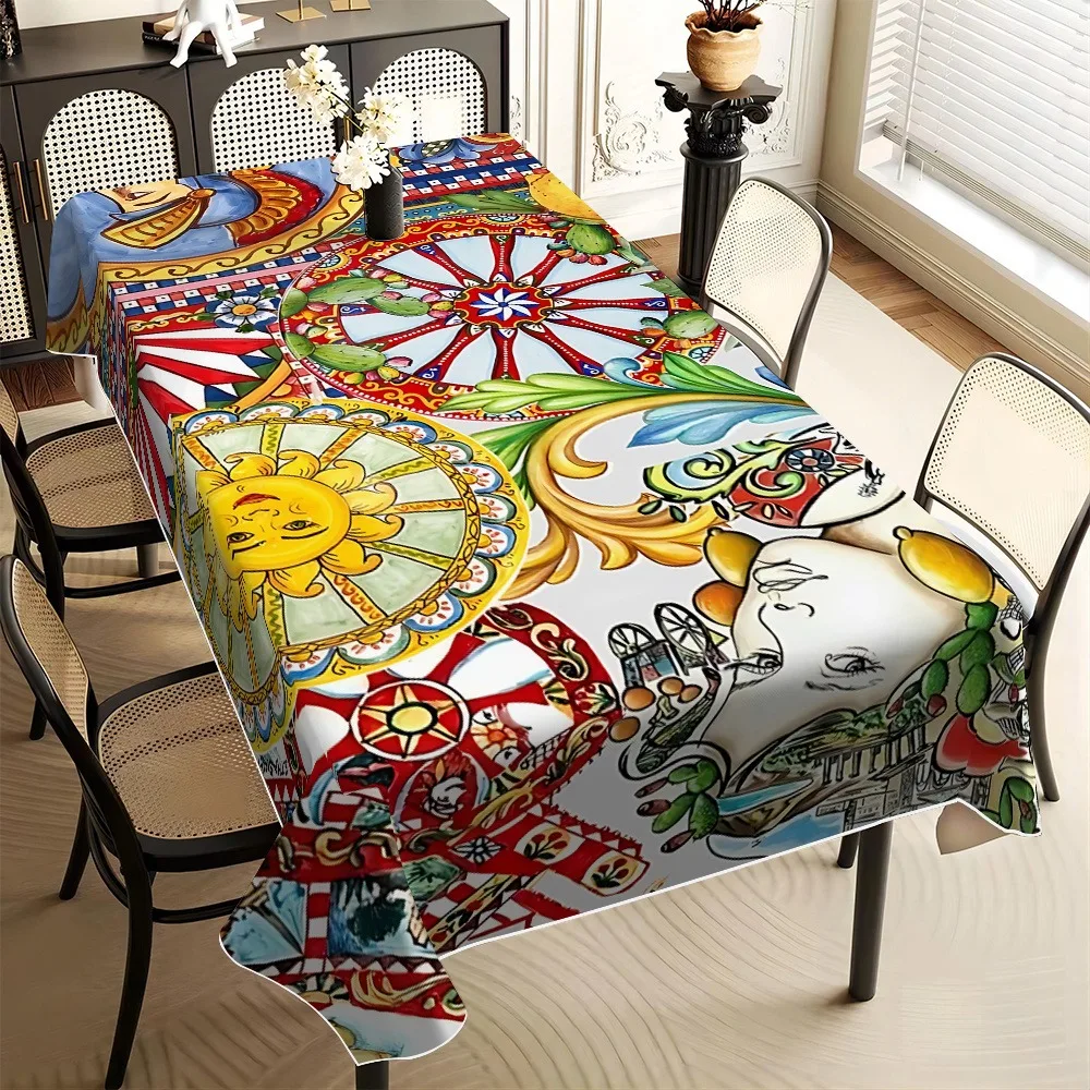 One Sicilian-style tablecloth with colorful traditional patterns, perfect for the family kitchen.