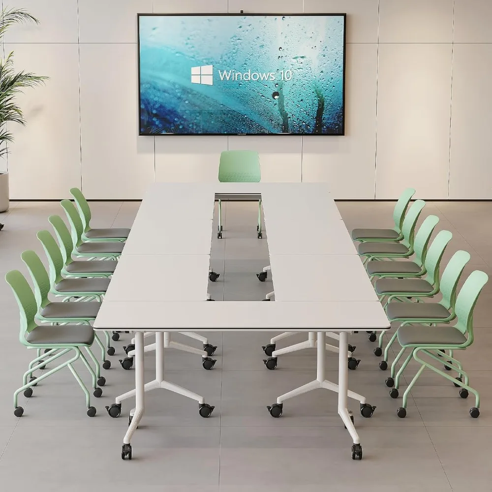 Folding Conference Table 2-10 People,Mobile Conference Room Table Rolling with Caster Wheels，Extra Wide Desk (4, White, 140cm)