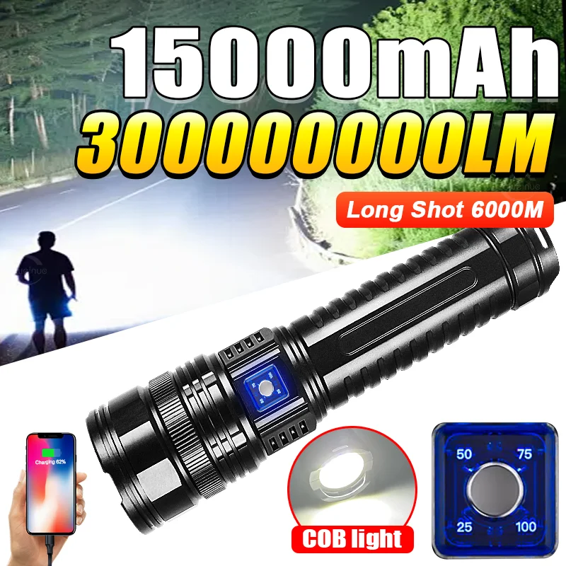 300000000LM Most Powerful LED Flashlight 1500W Rechargeable Flashlights Zoomable Tactical Torch Long Range 6000m Outdoor Lantern