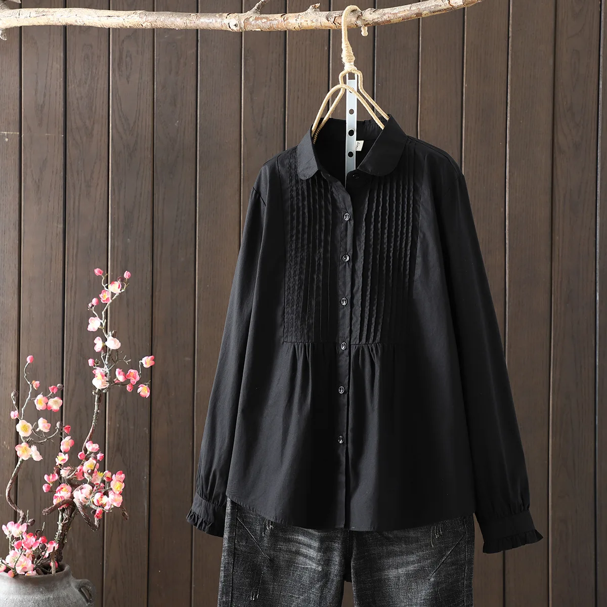 New 2025 Spring Cotton Long Sleeve Shirt, Women Turn-down Collar Folds, Mori Girl Simplicity OL Commute Loose Blouse T53716CC