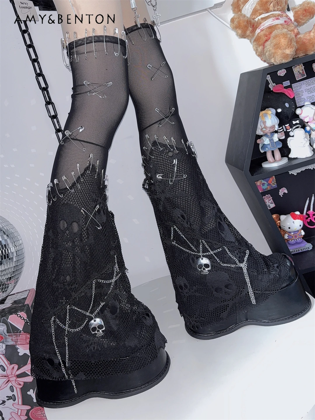 Y2K Hot Girl Subculture Punk Chain Pin Rock Horn-shaped Over-the-knee Leg Warmers Dark Retro Black Legwarmers Gothic Lace Socks