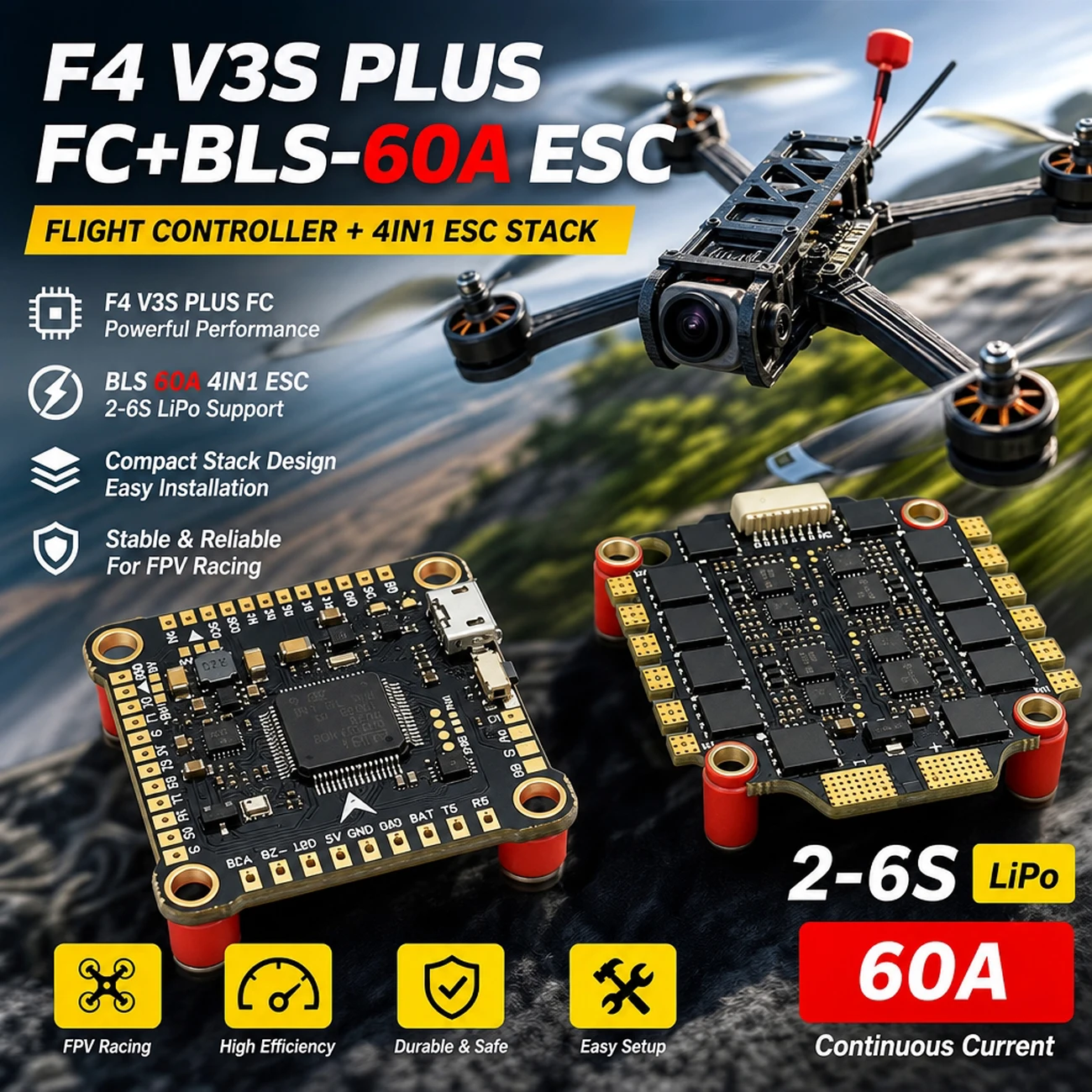 YSIDO F4 V3S Plus Flight Controller BLS 45A 60A 4-in-1 ESC Stack Combo 2-6S LiPo for RC FPV Drone Quadcopter Mark4 APEX Frame