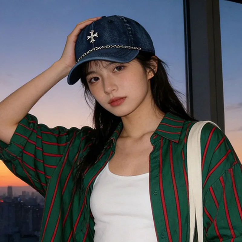 Cross Hip Hop Baseball Cap Spring Summer Casual Chain Streetwear Washed Denim Peaked Hat