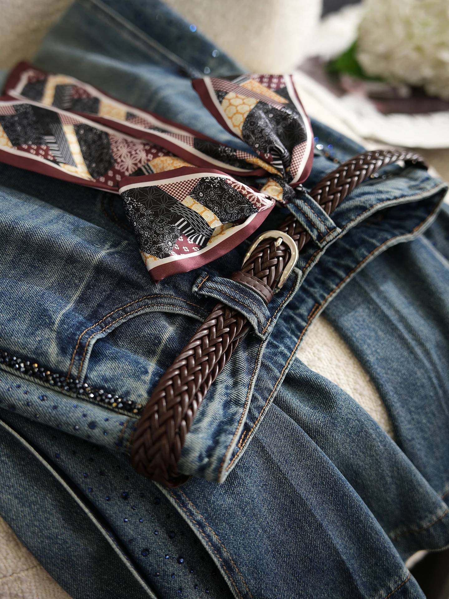 

Wide Leg Jeans Women's Autumn Winter Cotton Denim Blue Belted Scarf Waist Trousers Commute Sle Faux Diamond Stitch