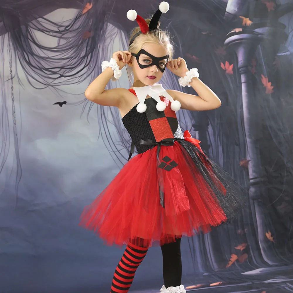 2024 Girls Clown Joker Costume Kids Cruella De Vil Fancy Dress Birthday Children Tutu Dress Halloween Villain Fantasy Cosplay