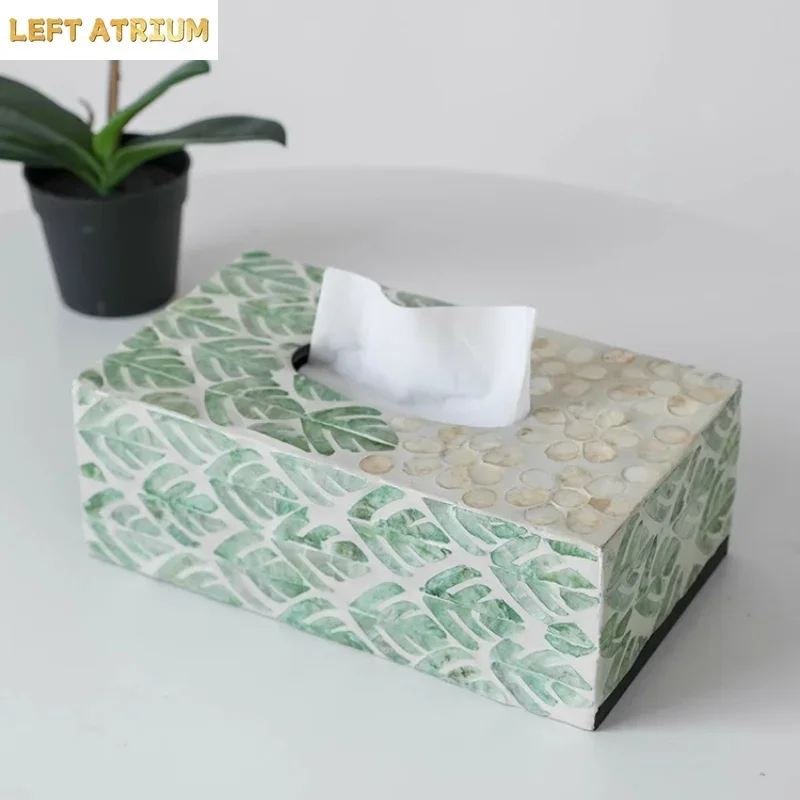 Natural Seashell Tissue Box Cover,Coastal Bohemian Style Decorative Tissue Holder&Storage Organizer for home,Creative Home Decor
