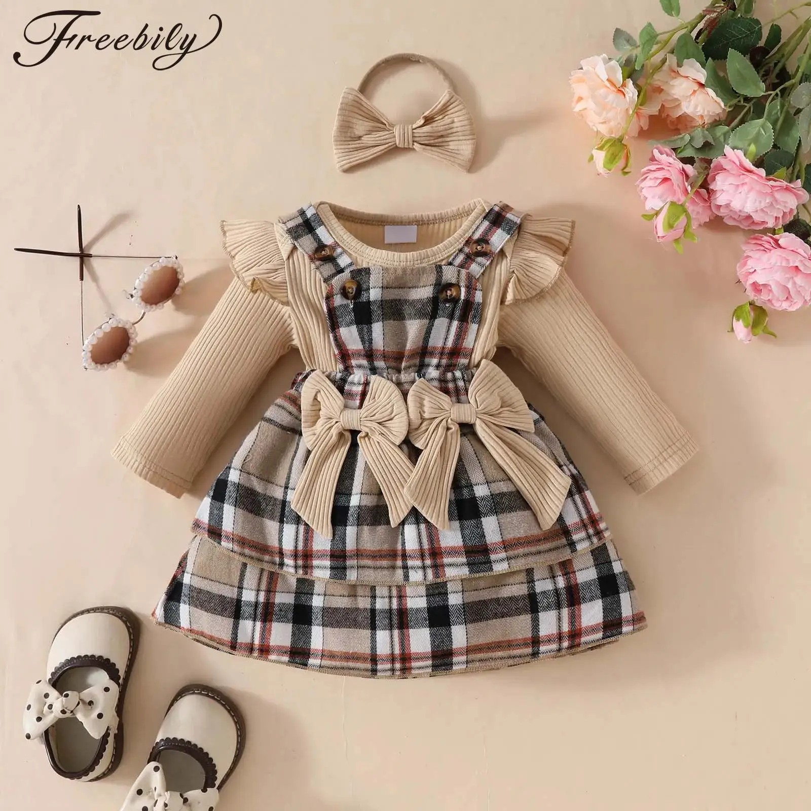 

Infant Baby Girls Clothes Sweet Outfit Spring Long Sleeves Ribbed Romper with Plaid Suspender Skirt for Christmas Birthday Party
