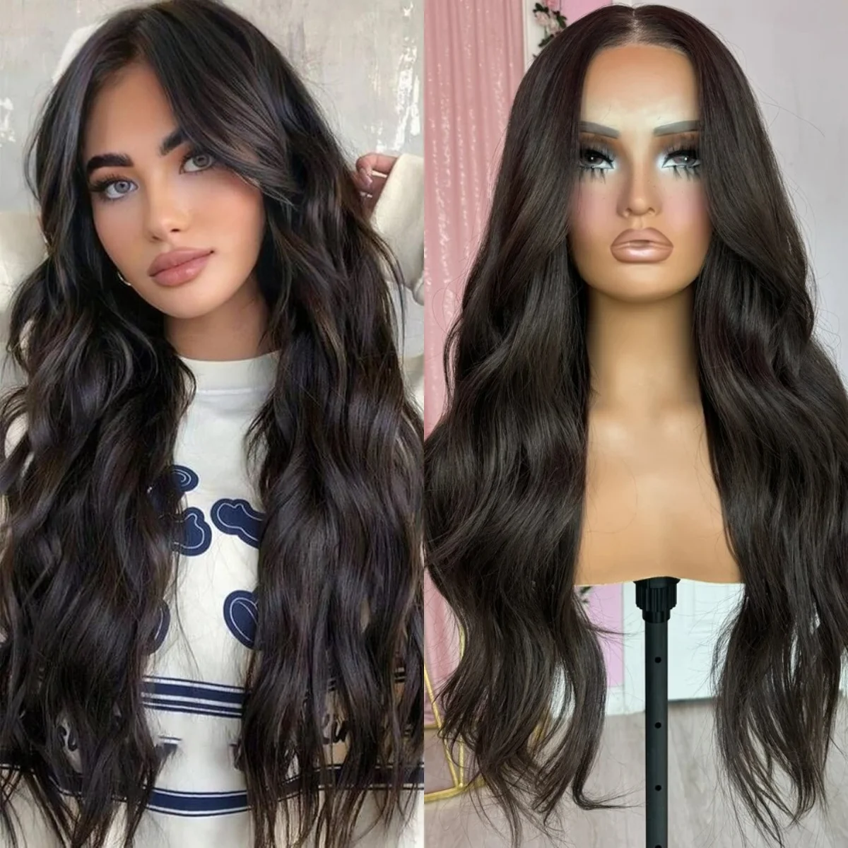 

Dark Brown Wig 13X4 HD Lace Front Wig Body Wave Lace Frontal Wig Heat Resistant Synthetic Natural Hairline Daily Use Cosplay