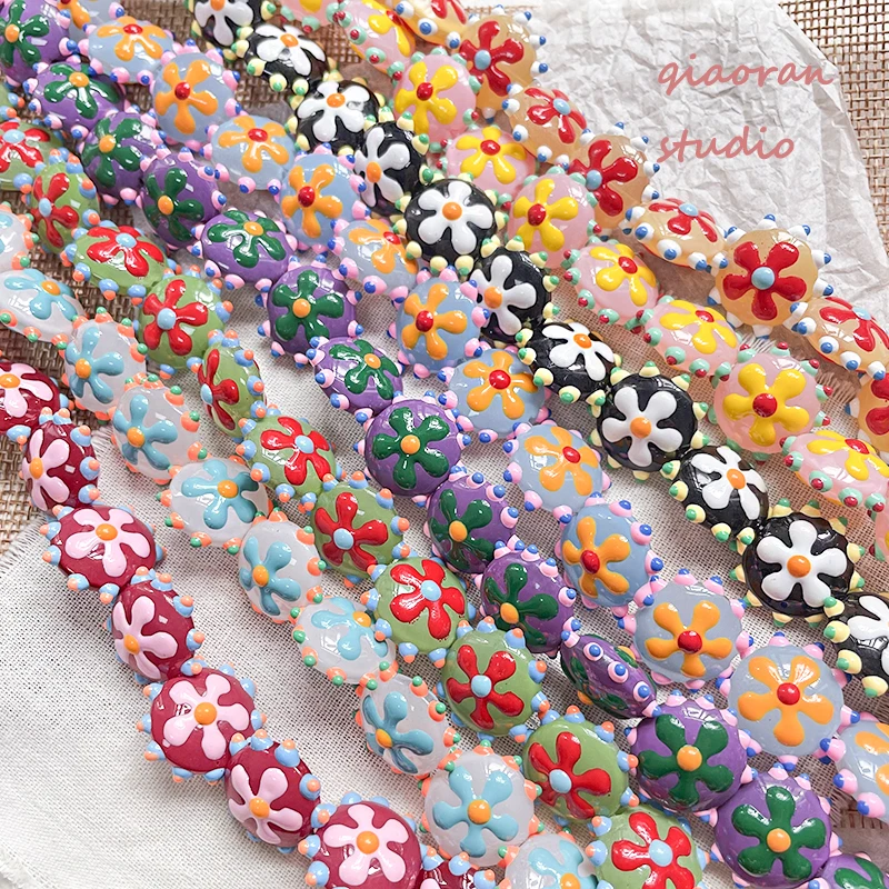 4pcs Sun Flower Hand-painted Color-blocking Glass Beads Diy Beaded Bracelet Chain Loose Beads