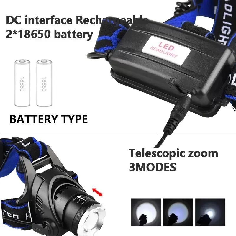 LED Headlamp Fishing Headlight T6/L2 3 Modes Zoomable Waterproof Super bright camping light Powered by 2x18650 batteries