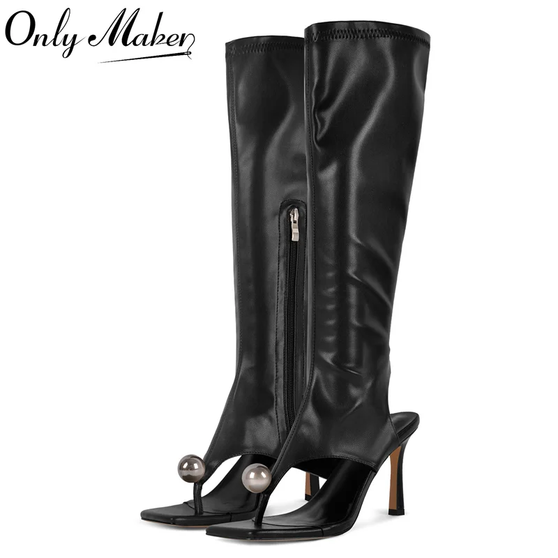 Onlymaker Women Square ToeThong Heeled Boots Knee High Stretch Stiletto Heels Cut Out Side Zipper Boots