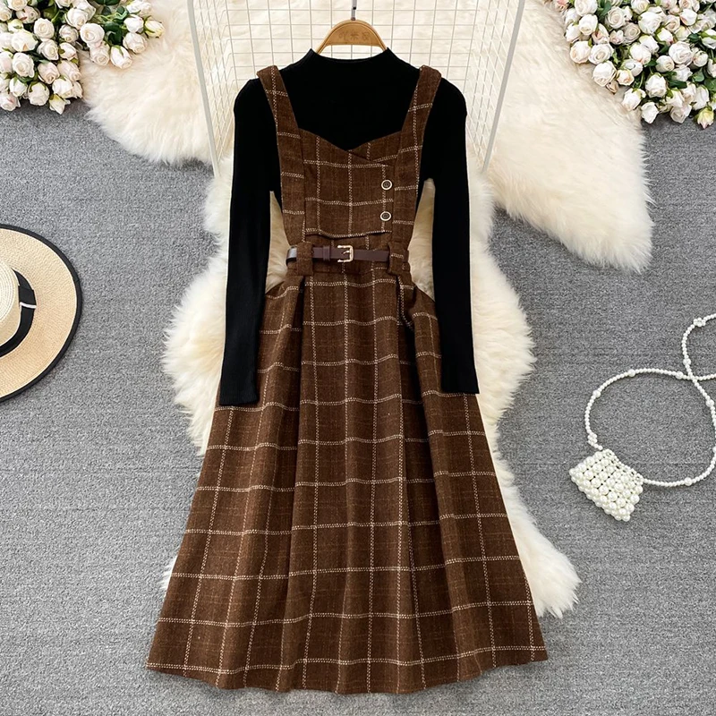 French Vintage Faux Woolen Midi Dress Women Casual 2 Piece Dresses Basic Tops Female Autumn Spring Thin Set Pullover Vestidos