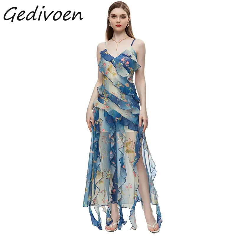 

Gedivoen Summer Fashion Designer Vintage Chiffon Dress Women V-Neck Backless Ruffles Gathered Waist Slit Sling Loose Midi Dress