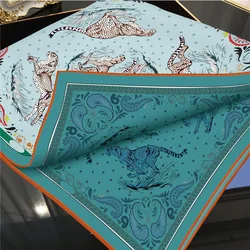 Lion Print Luxury Twill Silk Scarf 90cm Hand Rolled Edge Square Bandanas Shawls Neck Head Accessories Bag Belt Decoration Gift