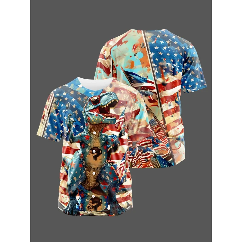 

Cartoon dinosaur pattern print men's casual short sleeve V-neck loose button up shirt, men's summer baseball jersey