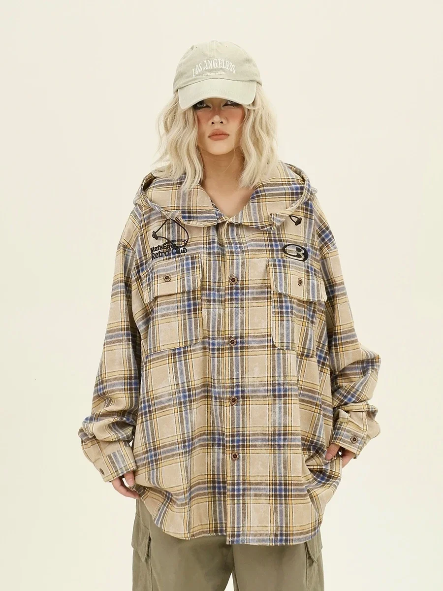 Plaid Hooded Long-sleeved Shirts 2024 Autumn New Loose Bf American College Style Couple Top Women