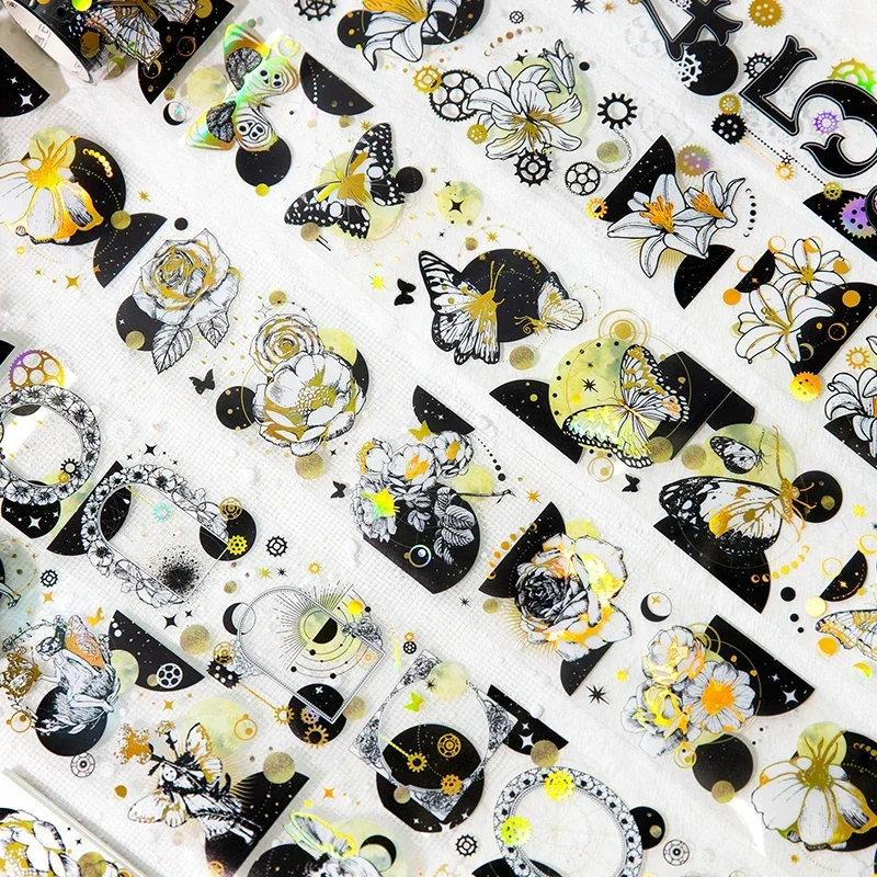 1Roll Tape 2M Laser Gold Flowers Material Decorative Butterflies Black Elf Girl Numbers Supplies DIY Adhesives Scrapbook 48MM