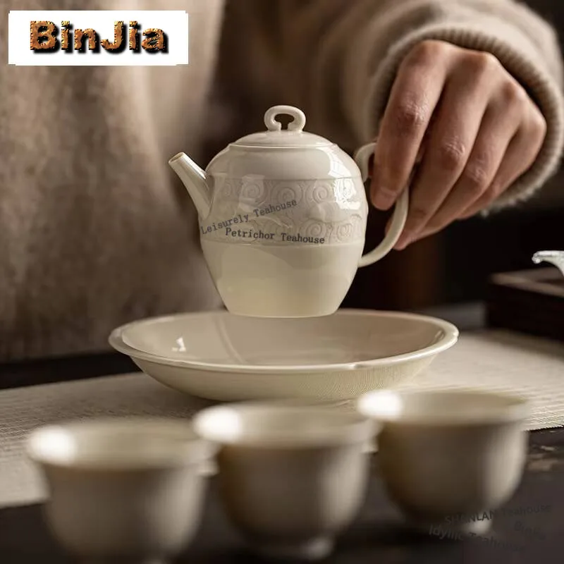 

150ml Chinese Ding Kiln White Teapot Handmade Fish Algae Pattern Pot Household Tea Making Kettle Kung Fu Tea Items Collection