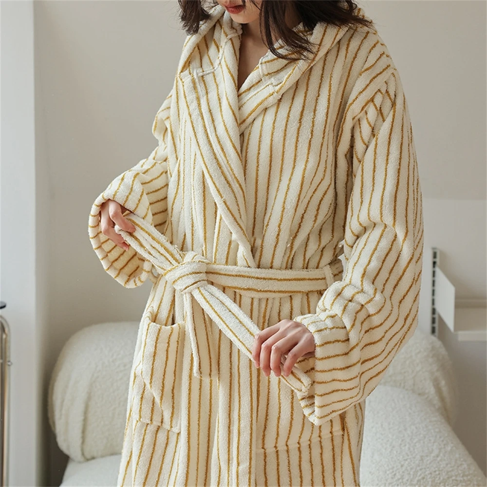 Simple Pinstripe Matching Color Hooded Loose Bathrobe Hotel Home Adult Long Cotton Couples Robe For Four Seasons