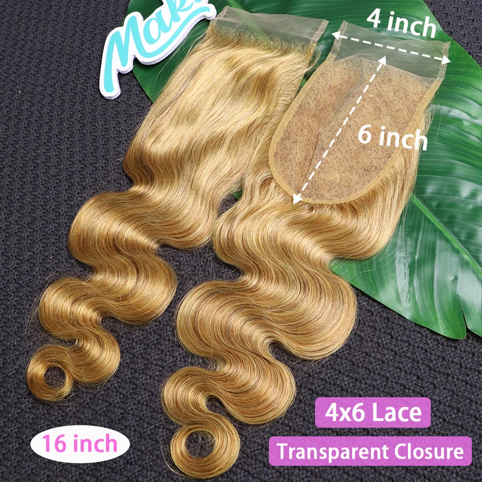 #27 Color 4x6 Inch Transparent Lace Closure Body Wave100% Human Hair Bleached Knots Preplucked Invisible Lace Closure Raw Hair