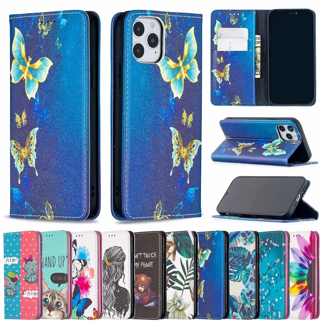 

Painted Leather Case For iPhone 12 11 Pro Max XR X XS Max 7 8 Plus SE 2020 Funda Flip Wallet Case Protective Cover