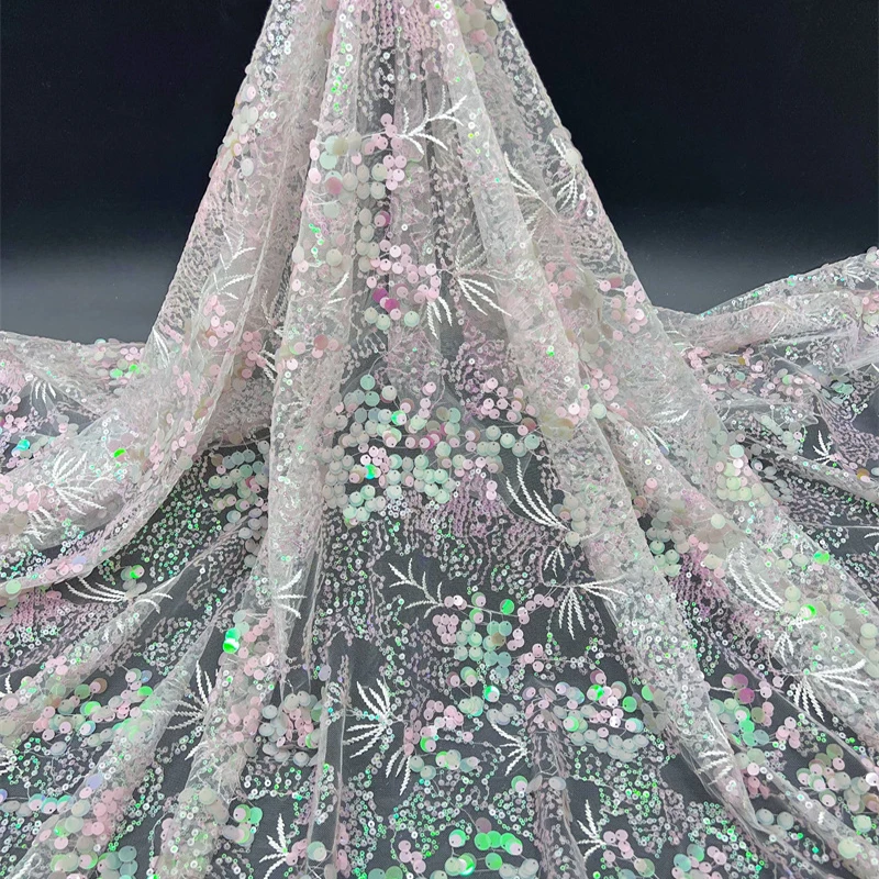 

1yard Colorful Sequin Embroidered Tulle Fabric Heavy Bead Embroidery Lace Fabric for Cheongsam Bride Wedding Dress DIY Sewing