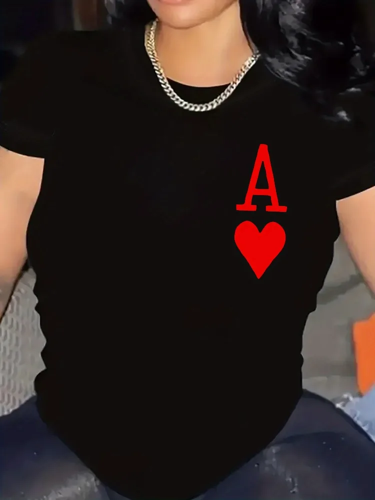 Women's Short-sleeved T-shirt, Casual and Stylish, Decorated with Red Heart Print, Round Neck Suitable for All Seasons.Y2K Top