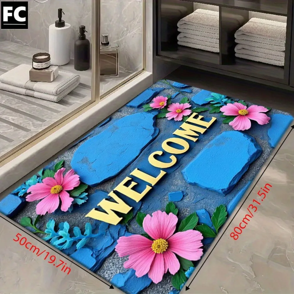 VIKAMA 3D Floral Print Home Decor Carpet, Non-Slip And Dirt-Resistant, Ideal For Entryways And Bathrooms As An Absorbent Doormat