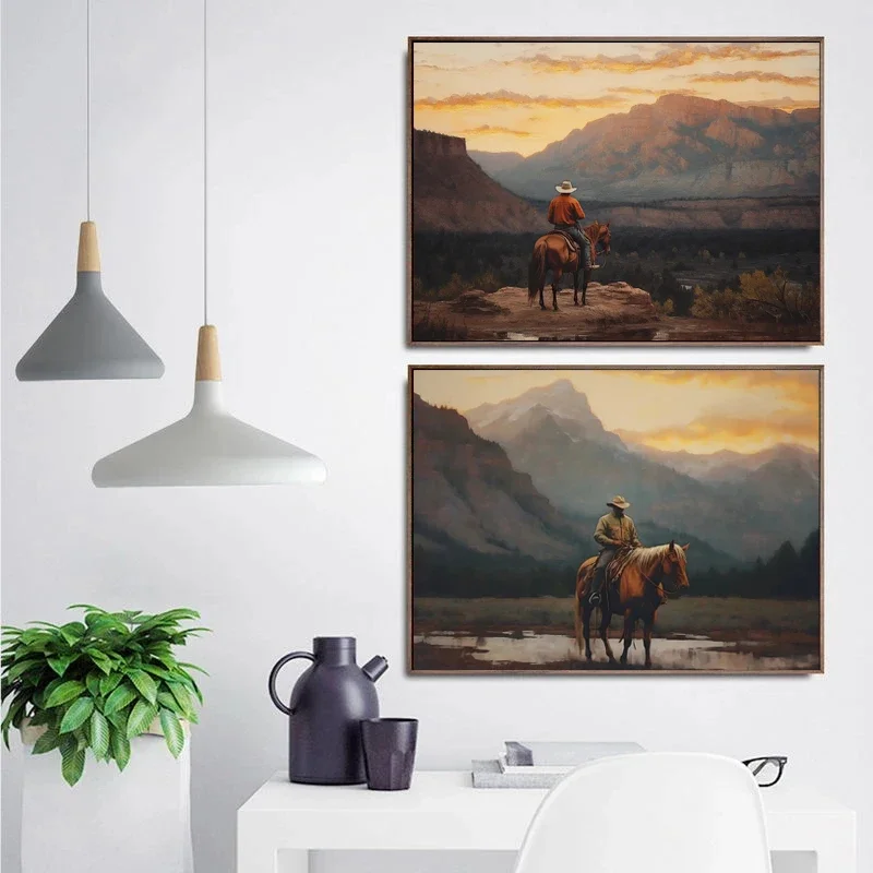 Impresiones de pintura artística para el hogar, cuadro de pared de habitación, decoración, regalo, Retro, abstracto, montaña, puesta de sol, montar a caballo, paisaje vaquero