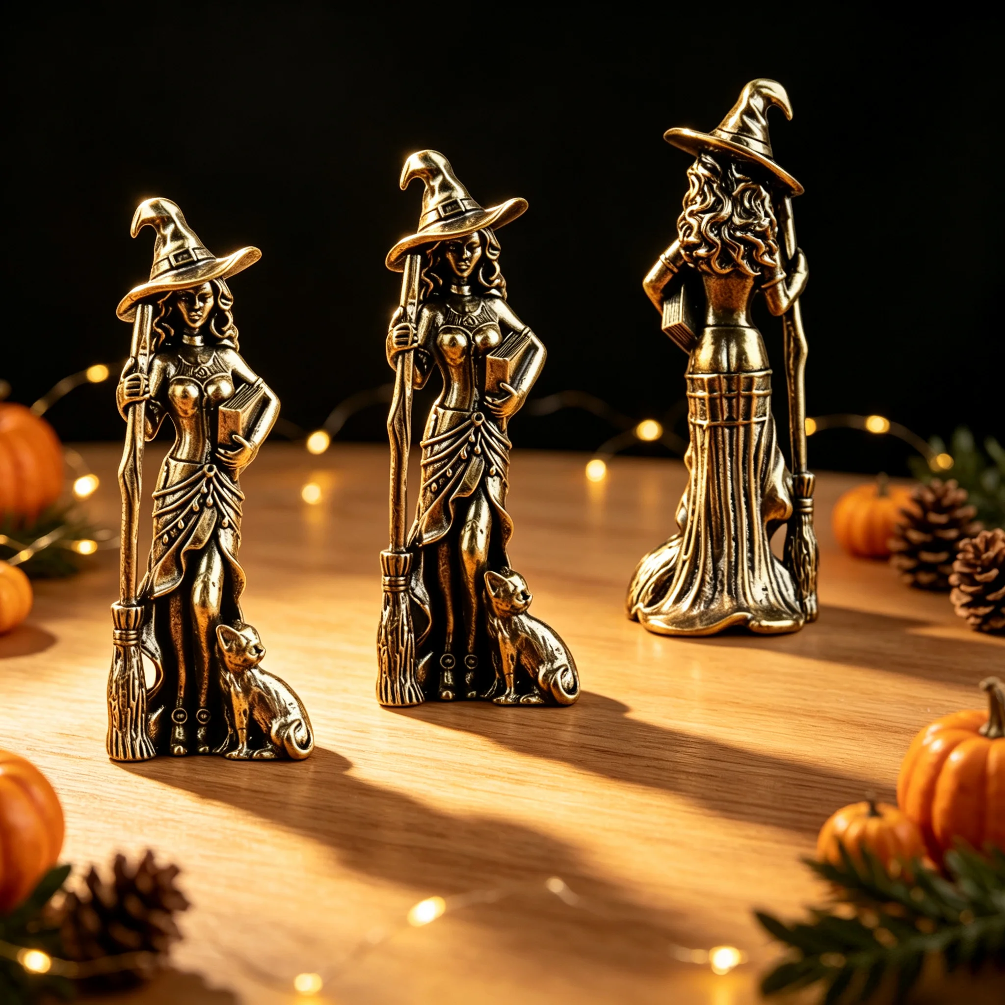Brass Witch Statue With Broom, Vintage Witch & Cat Figurine, Desktop Ornament For Home Room Decor Halloween Decorations