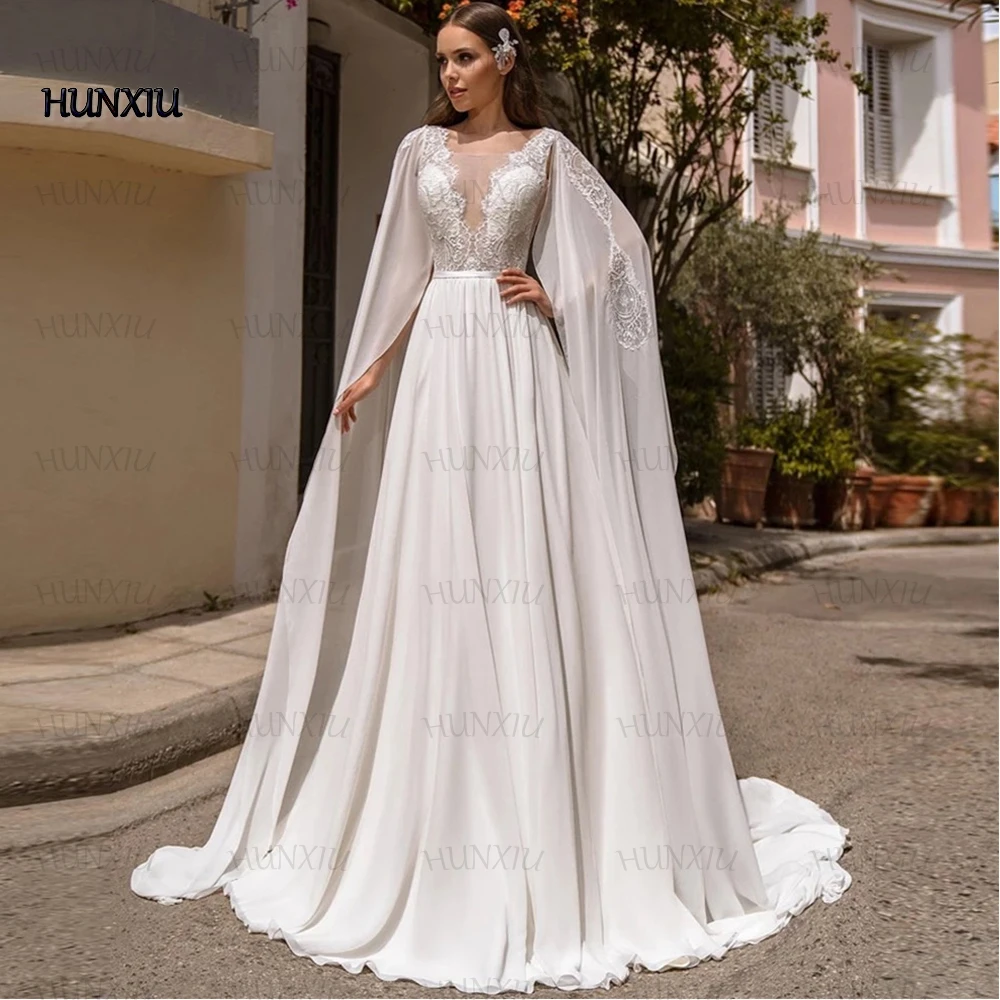 HUNXIU Chiffon Wedding Dresses Classic Applique A-Line Floor Length with Belt Bridal Open Back with Sweep Train Custom Gowns