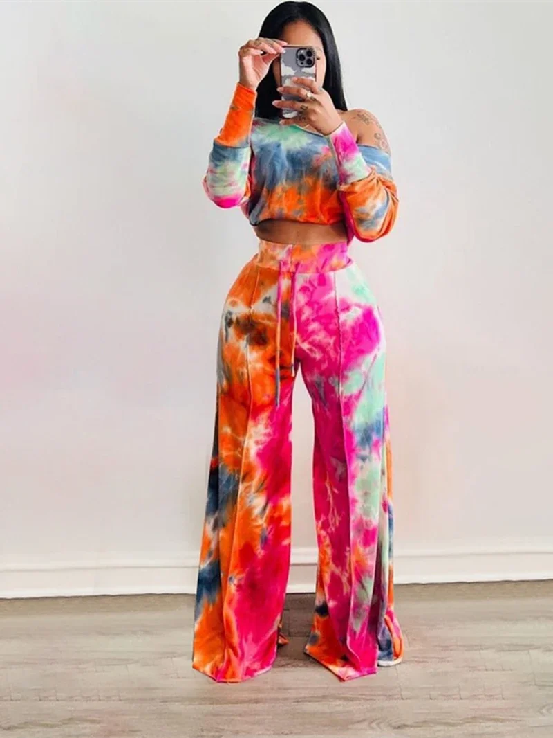 Fashion Tie Dye Off Shoulder Tracksuit Women Two 2 Piece Set Outfits Autumn Clothing Crop Top and Wide Leg Pants Suit Woman Sets