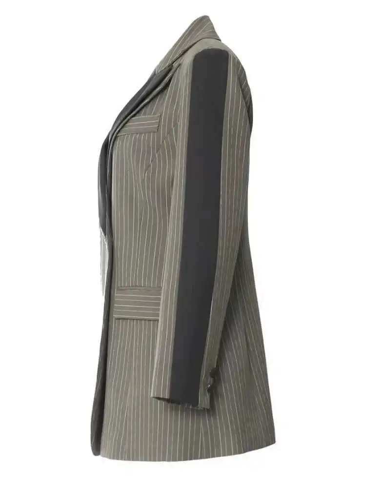 BJTZ 여성용 옷깃 정장 슬림 피트 패션 스트레이트 코트 스트라이프 패치 워크 포켓 디자인 자켓 2025 봄, 가을 새로운 스타일