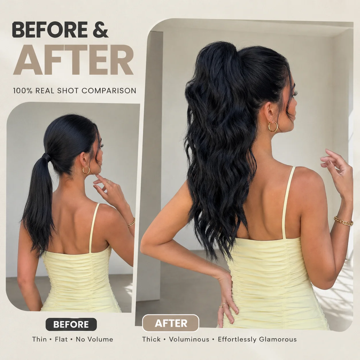 20 Inch Black Long Wavy Claw Clip Ponytail Extension for Women, Synthetic Hair Ponytail Hairpiece, Natural Looking Curly Clip In