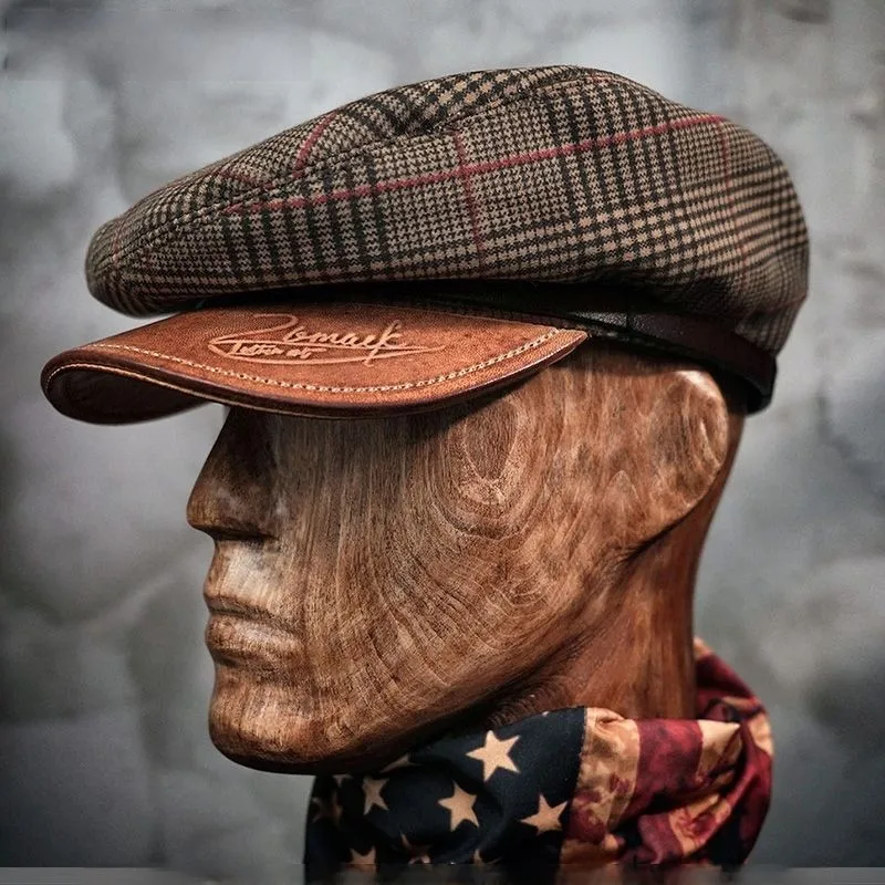 Houndstooth Flat Top Hat Synthetic Suede Cowhide Brim England Stylish Peaked Hat