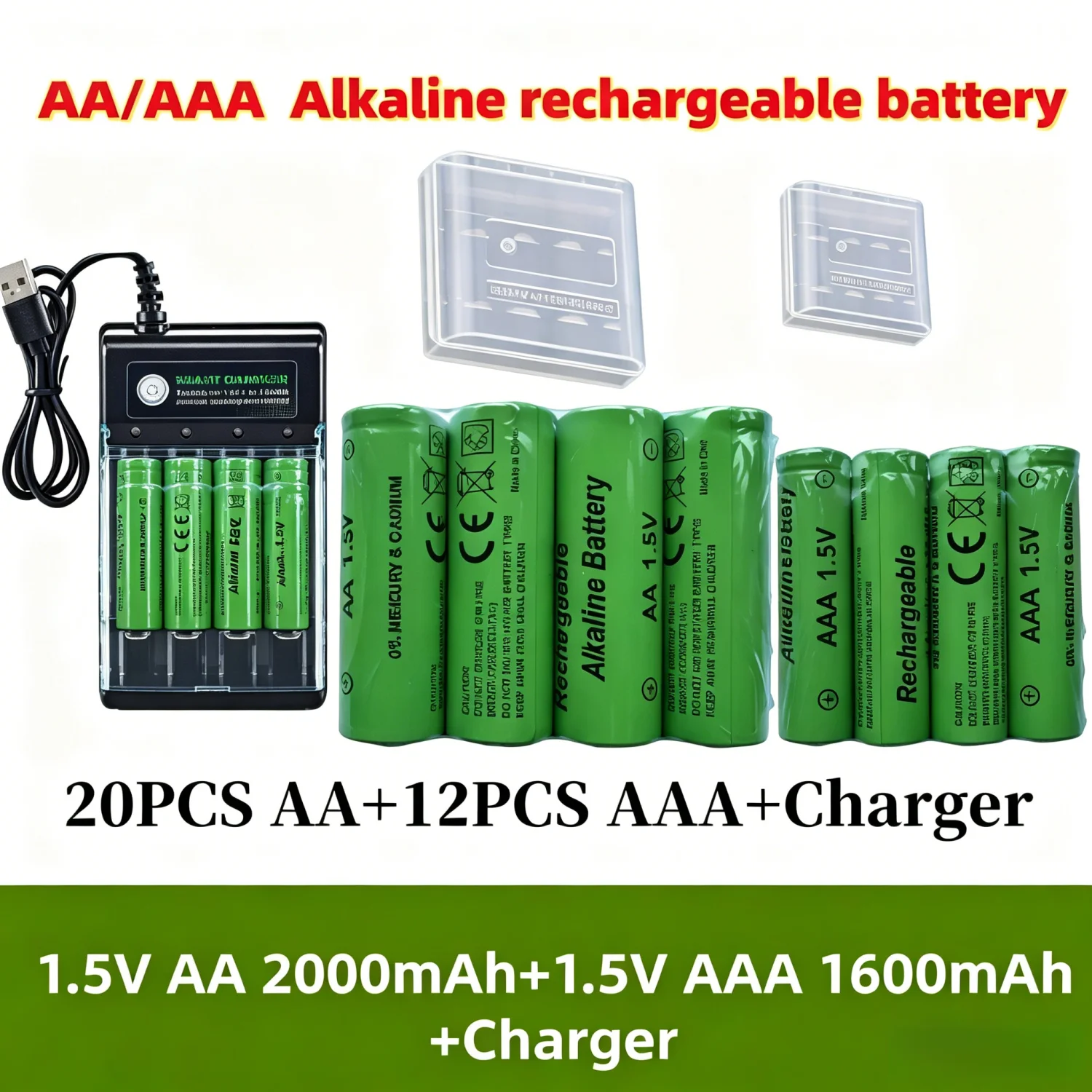 

AA AAA 1.5V Alkaline Rechargeable Batteries LR6 LR03 Battery with Charger For Remote Control Computer Clock Radio Game Camera