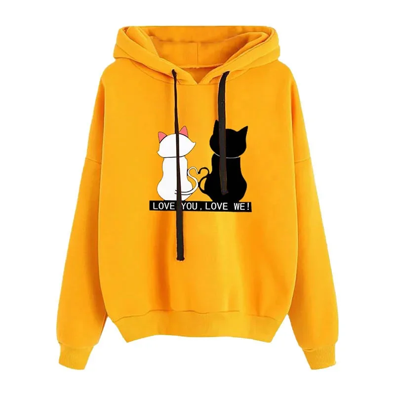 2025 feminino dos desenhos animados gato impressão hoodie estilo coreano manga longa pulôver casal moletom em torno do pescoço casual