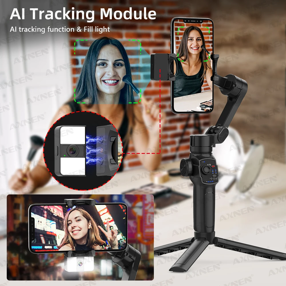 AXNEN HQ4 Photography Follow Focus 3-Axis Handheld Gimbal Phone Stabilizer with AI Tracker Fill Light Extension Rod for Mobile