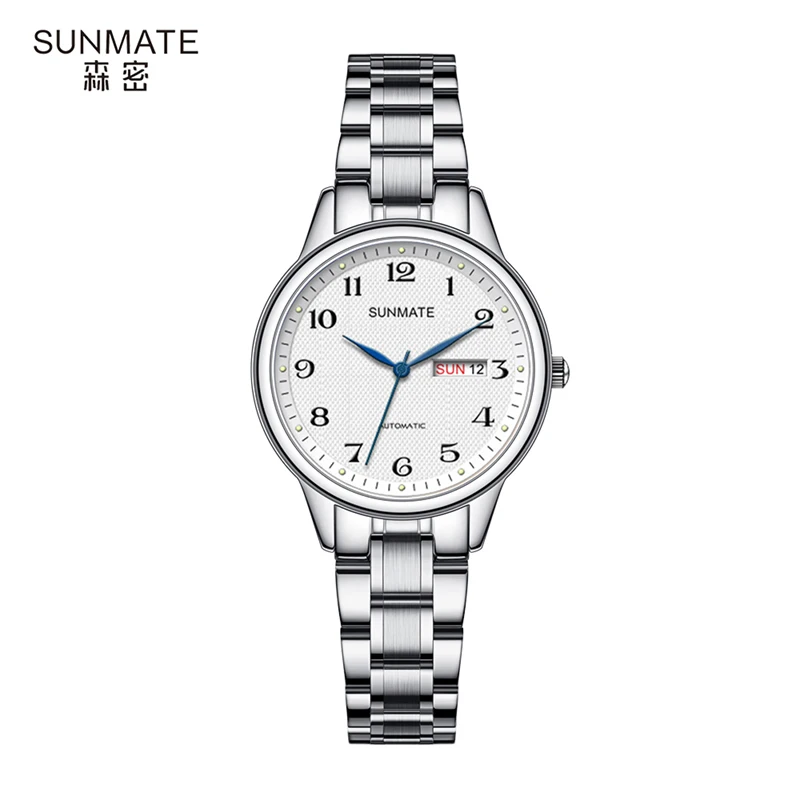 SUNMATE Women's Automatic Mechanical Calendar Dial Stainless Steel Waterproof Digital Elegant Ladies Watch