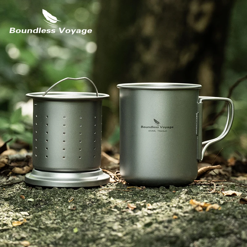 Boundless Voyage 450ml Titanium Cup with Filter Folding Handles Outdoor Camping Tea Coffee Mug Portable Lightweight Tea Maker