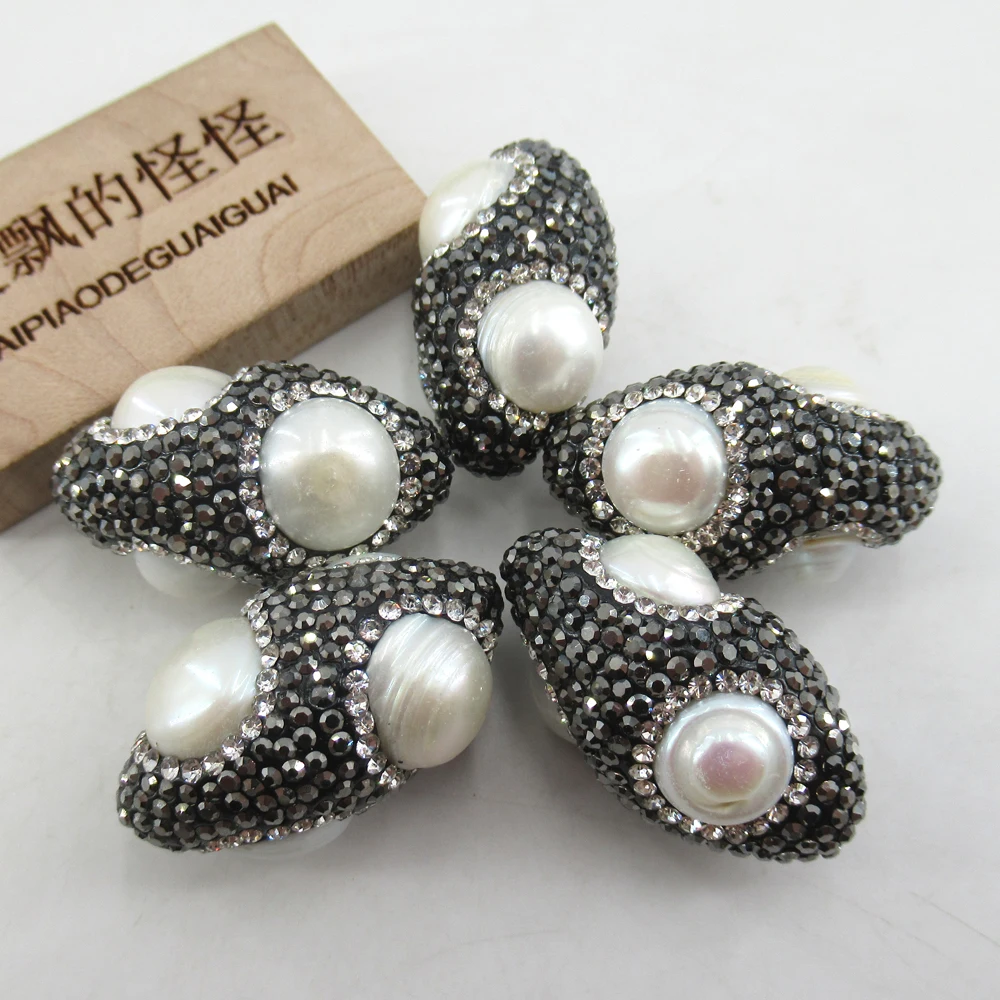 APDGG 5 Pcs Egg Shape Black Clear Color Rhinestone Paved White Keshi Pearl Spacer Beads Jewelry DIY