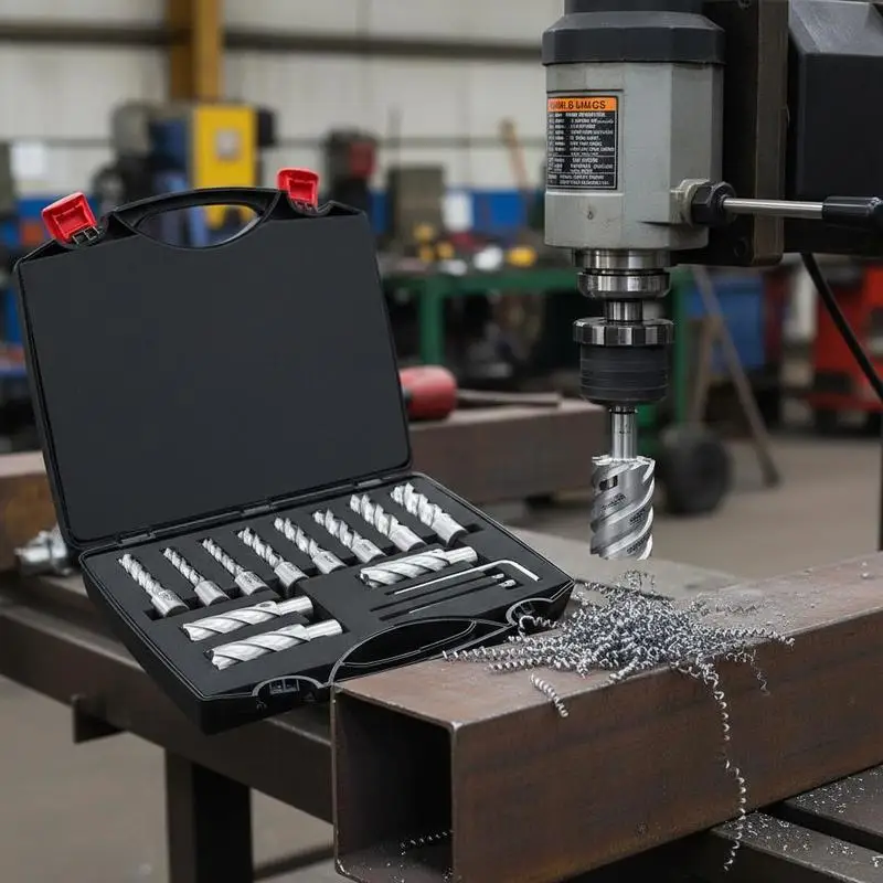

HSS Core Drill Bit Kit 7/16" to 1-1/16" For Metal Fabrication Construction Maintenance M2AL High Speed Steel 2" Cutting Depth 13 Pieces Weldon Shank Pilot Pins Hex Wrench Carrying Case Magnetic Drill Press Connection