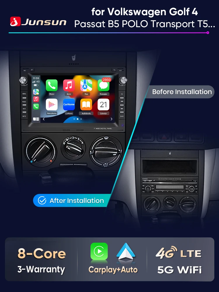 Junsun 4G Android Autoradio für VW Golf 4 MK4 Passat B5 Polo Bora Jetta T5 Transporter GPS WLAN Bluetooth FM RDS Kabelloses CarPlay Android Auto Touchscreen
