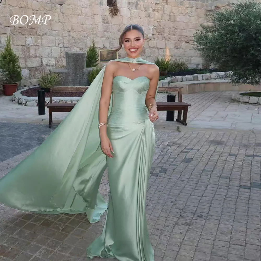 BOMP Elegante abito da sera verde senza spalline con Jaket drappeggiato sirena lunghezza pavimento abito da cerimonia nuziale in raso classico personalizzato
