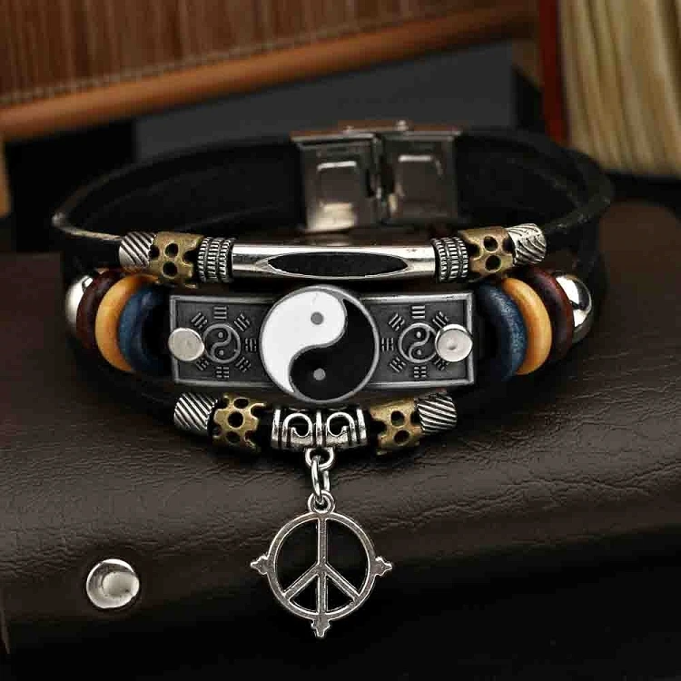 Tai Chi Gossip Bracelet Retro Leather Bracelet Personalized Alloy Handmade Multi-layer Beaded Prayer Meditation Bracelet Male