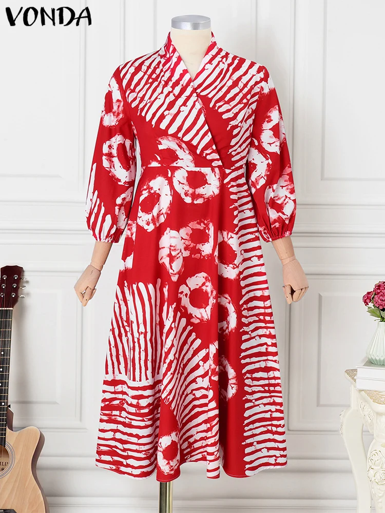 Plus Size 5XL VONDA Women Bohemian Printed Maxi Long Dress 2024 Eleagnt Sundress V-Neck Casual Robe 3/4 Lantern Sleeve Vestidos