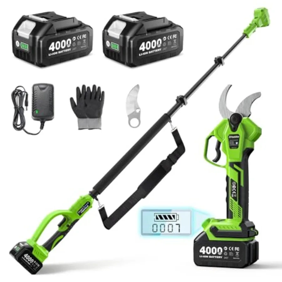 

2-in-1 Electric Pruning Shears: 1.6" Cutting Diameter 9Ft Cordless Pole Pruner - 2 x 4000mAh Batteries Extra SK5 Blade 4 Cuttin