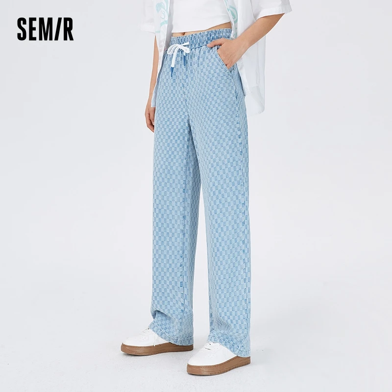 

Semir Jeans Women Checkerboard Wide Leg Pants Mori Soft Denim High Street Summer Cool Feeling Elastic Waist Trousers Ins Trend