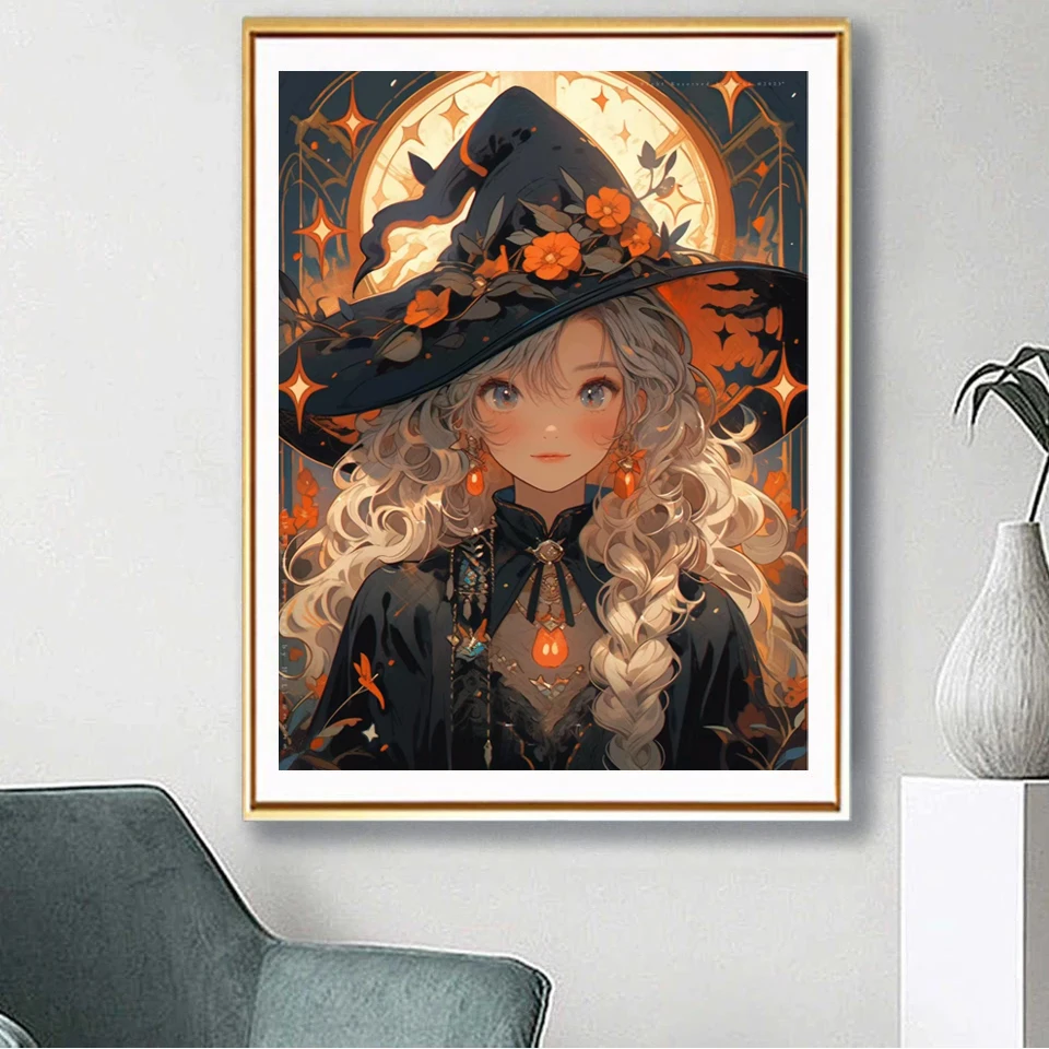 Halloween Lovely Witch 5D DIY Full Diamond Painting Cartoon Girl Fantasy Pumpkin Cross Stitch Embroidery Mosaic For Home Decor