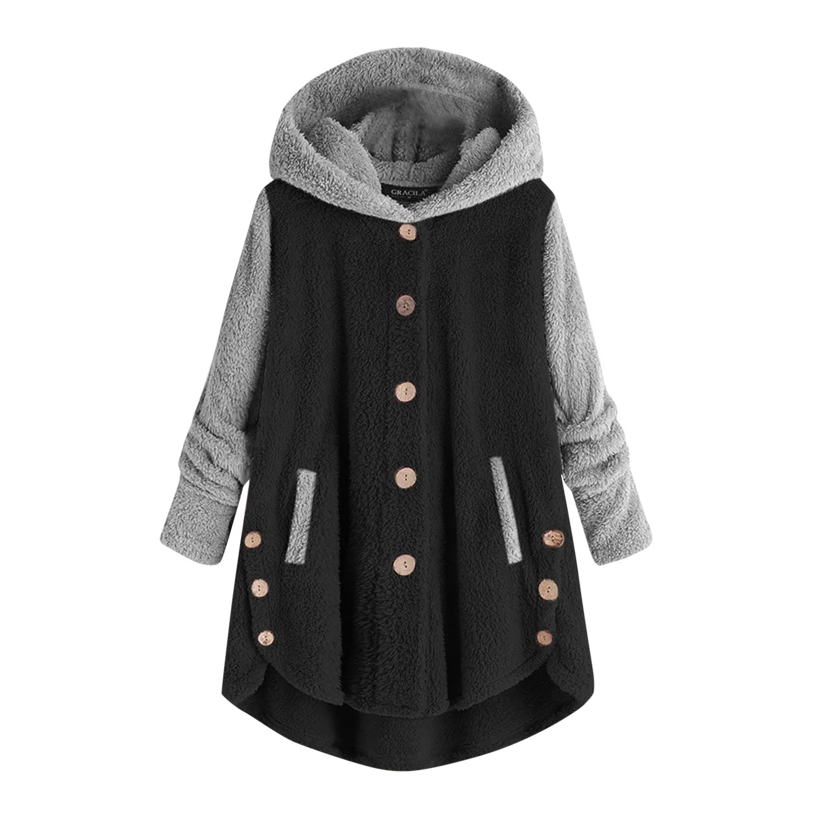 2023 women winter coats for fashion style button plush irregular color warm fleece coat with hooded Cold winter female